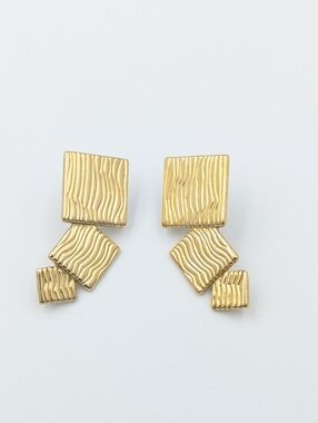 Vintage Trifari stud earrings 3 stacked textured gold tone squares
